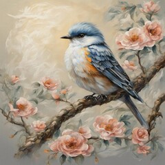 beautiful bird on a branch painting, impressionism, contemporary art, detailed