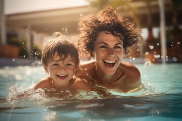 Photo of a happy family swimming in the pool. Family and holiday concept - obrazy, fototapety, plakaty