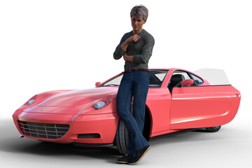 Man standing in front of a red sports car 3d illustration