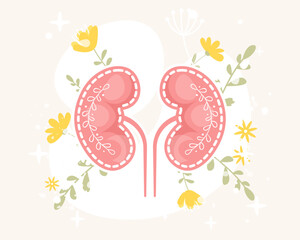 Floral kidneys vector illustration in flat cartoon style. Healthy human kidney with flowers and leaves