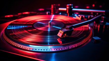 Turntable playing vinyl record in red and blue light