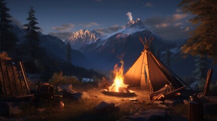 Overnight camping in the mountains with a large campfire to warm up and cook