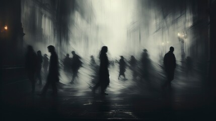 Illustration of blurred people walking on the street going to work in sad colors