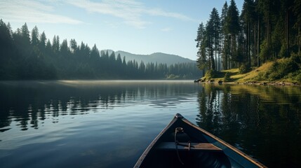 Peaceful morning on lake with canoe and pine trees - obrazy, fototapety, plakaty