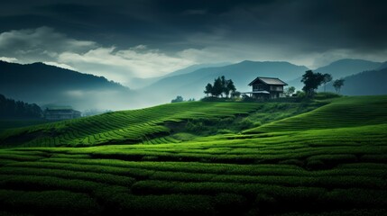 A serene view of a green tea plantation on a hill