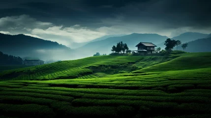 Photo sur Plexiglas Mu Cang Chai A serene view of a green tea plantation on a hill
