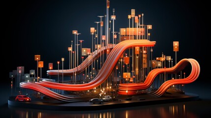 Abstract model of a futuristic city depicting a red and orange data stream on dark background