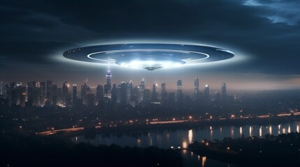 High contrast ufo over city at night with light ray