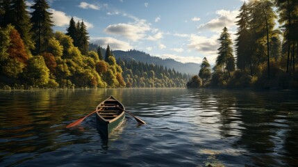 Canoe with oars abandoned in the current of a large river surrounded by trees - obrazy, fototapety, plakaty