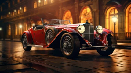 Photo sur Plexiglas Voitures anciennes Red vintage sports car on a road with elegance on a street with expensive buildings