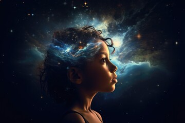 Fototapeta premium The image of a child is mixed with the image of space and the universe. Child's dreams about space