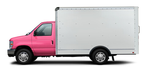 Small delivery cargo van with white van and pink cab isolated on white background.