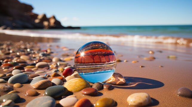 Beach scene with colorful crystal ball on the sand