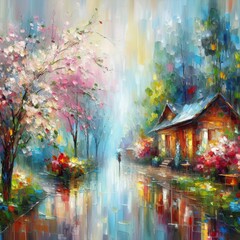 Obraz na płótnie Canvas Spring landscape on a rainy day