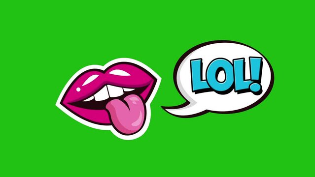 lol - Female mouth with speech bubble animation. Red lips and comic speech bubble on green screen.