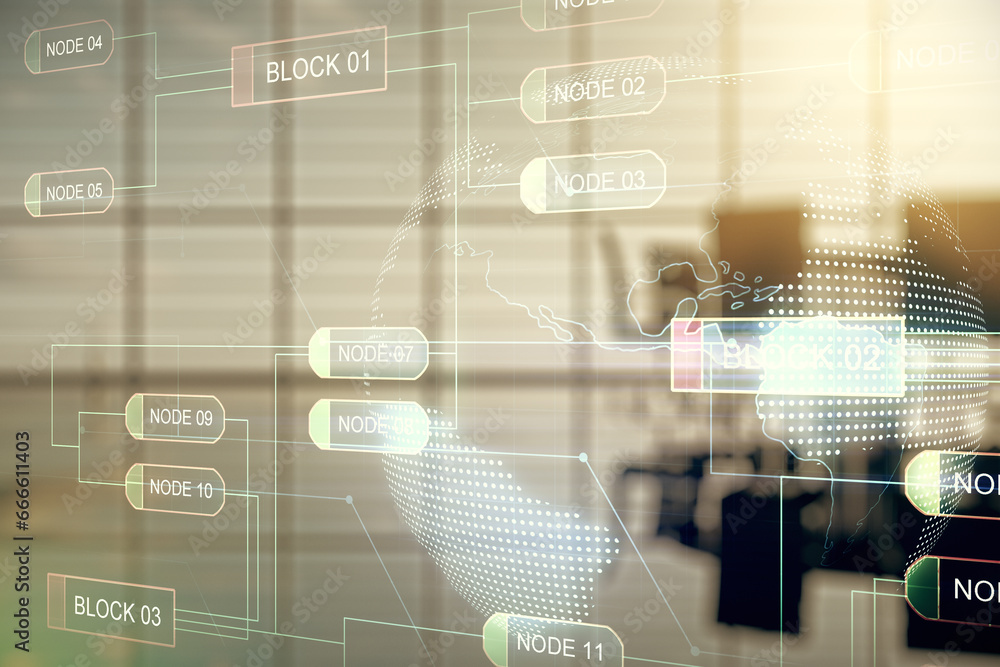 Poster Abstract virtual coding illustration and world map on a modern coworking room background, international software development concept. Multiexposure