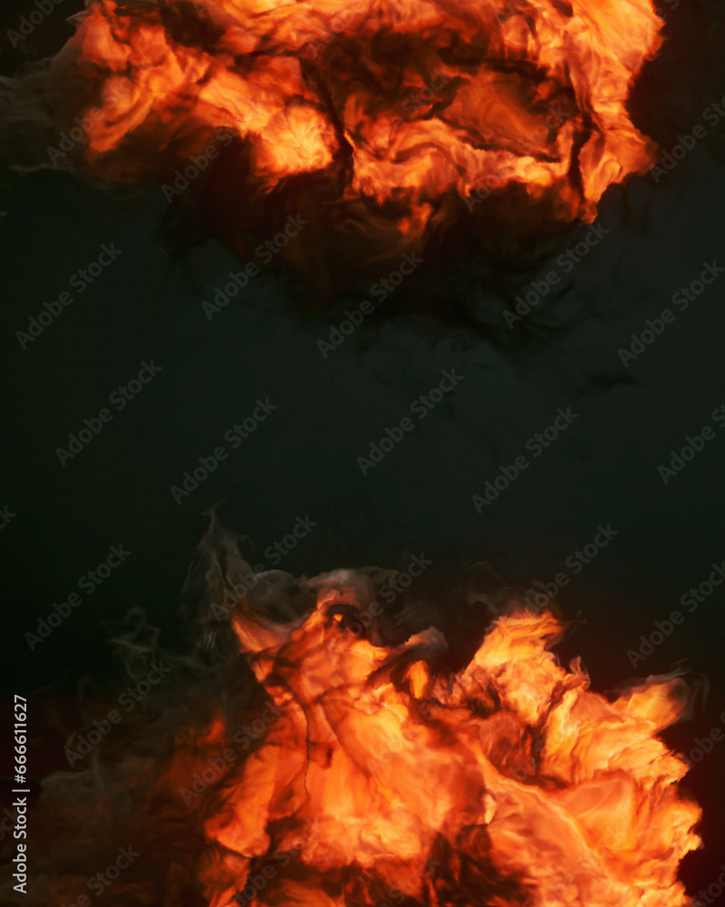 Poster dark background with orange and yellow flames. 3d rendering digital illustration