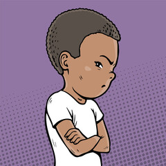 Offended little boy. Stubborn pose. Dissatisfied child. Difficulty raising a child. Cartoon vector illustration pop art. Hand drawn line - obrazy, fototapety, plakaty
