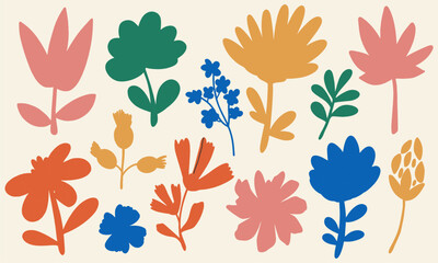 Set of hand drawn shapes and doodle design elements. Exotic jungle leaves, flowers and plants. Abstract contemporary modern trendy vector illustration.