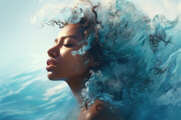 The abstract image of a woman is mixed with the image of the ocean. Unity with nature, peace and tranquility. Double exposure