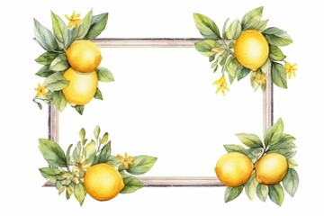 Hand-drawn watercolor illustration of a square frame with a yuzu flower on the left side. Generative AI