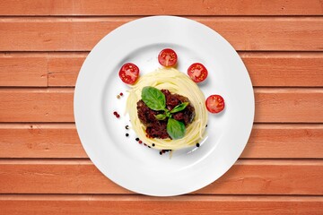 Tasty fresh pasta noodles dish with sauce