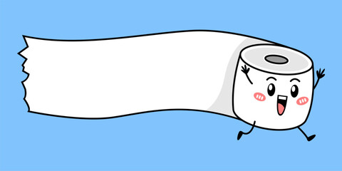 Cute toilet paper character running sideways. Isolated on blue background. Vector illustration.