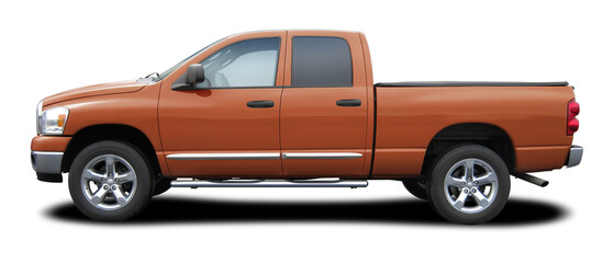 Modern powerful American brown pickup truck, side view in png format.