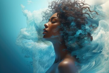 The abstract image of a woman is mixed with the image of the ocean. Unity with nature, peace and tranquility. Double exposure