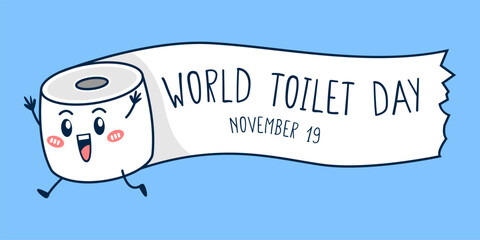 World Toilet Day. November 19. Illustration of a cute toilet paper character running sideways with the words world toilet day. Flat vector illustration. - obrazy, fototapety, plakaty