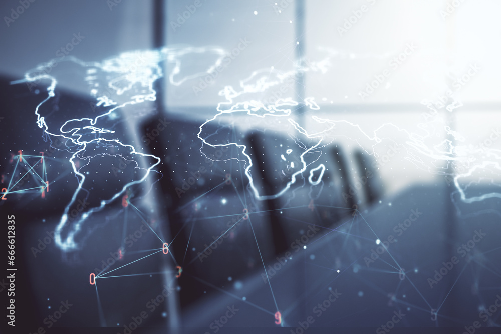Poster double exposure of abstract digital world map hologram on a modern boardroom background, big data an