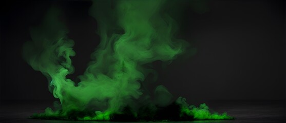 Green scattered dark smokey aura emanating from the floor of a plain black background from Generative AI