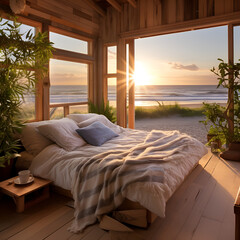 Beachfront Bliss: Cozy Bedroom with a View, Generative AI