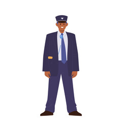 Train conductor cartoon character providing professional service for passenger in public transport - obrazy, fototapety, plakaty