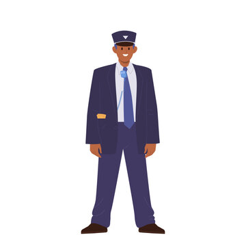 Train conductor cartoon character providing professional service for passenger in public transport