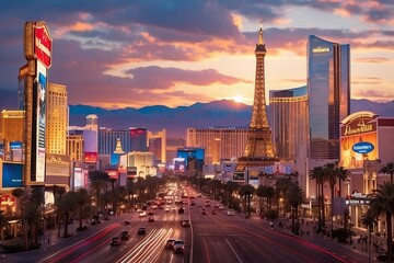 Las Vegas strip sunset - obrazy, fototapety, plakaty