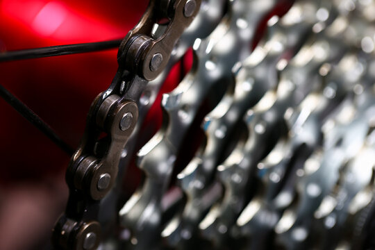 Closeup of a bicycle gears mechanism and chain on the rear wheel of mountain bike.