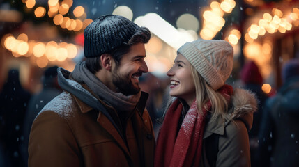 Happy young couple loving each other standing against the backdrop of christmas fair lights on street, wearing coats in snow
