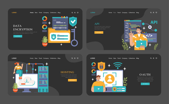 Back-end development web banner or landing page dark or night mode set