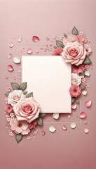 Delicate rose petals scattered gracefully on a soft pink backdrop, creating an inviting space for text or overlays, ideal for Valentine's Day promotional endeavors.