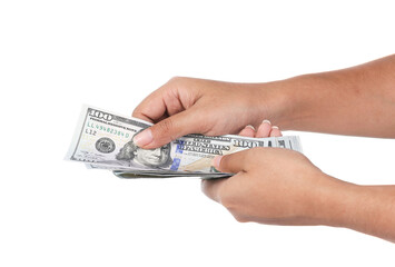 Woman hand holding dollar bill isolated on white background