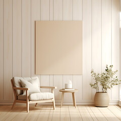 Beige Tone Room Interior Mockup: Wooden Chair and Panel, Generative AI