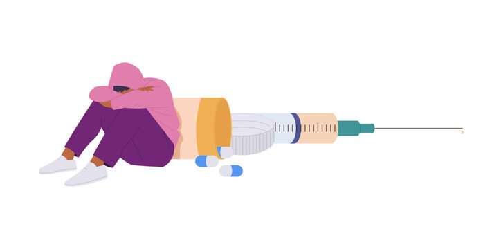 Sad unhappy man cartoon character sitting on huge syringe suffering from narcotic drugs addiction