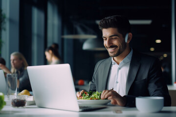 Smiling businessman with earphones speaking on a conference call using a laptop computer while eating a healthy fresh salad in the modern office