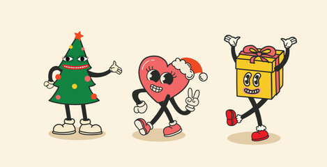 Groovy hippie Christmas stickers. Santa Claus, Christmas tree, deer and heart ,groovy and bright, in trendy retro cartoon style. Merry Christmas and Happy New year.