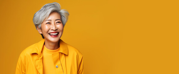 Happy smiling confident senior old Asian gray haired female looking at camera with happy gesture. Active old woman lady on yellow studio background. Full of life positive lifestyle concept. Copy paste - obrazy, fototapety, plakaty