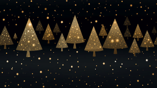 A graphic image of a golden Christmas tree with a random repetition pattern but suitable for use as a tile joining image. Black background. Wallpaper design style.