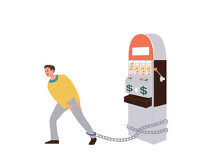Unhappy man cartoon character chained to casino slot machine suffering from gambling addiction