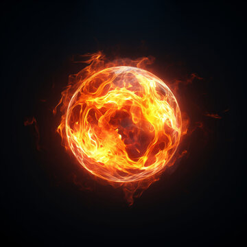 Glowing ball of flame and fire on black background