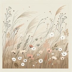 Serene Wildflowers and Grasses on Neutral Beige Background

